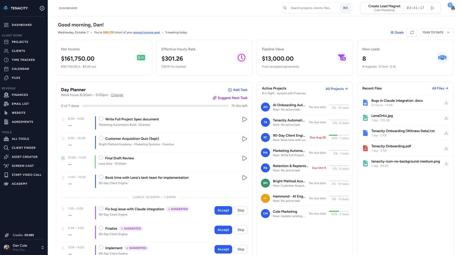 Tenacity dashboard: net income, effective hourly rate, pipeline value, new leads, the day planner, active projects, and recent files